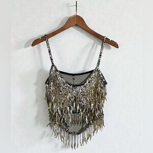 Vintage Bebe Burlesque Flapper Sequins Mesh Crop Tank Top in Black/Silver sz M